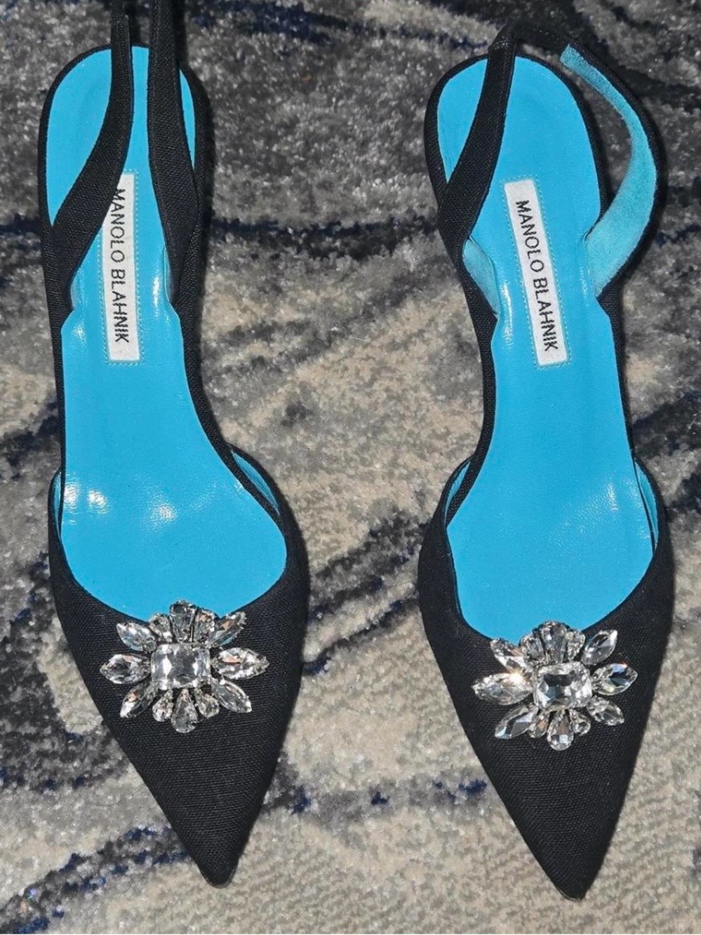 Manolo Blahnik Black Slingback Heels with Crystal Brooch and Turquoise Insole